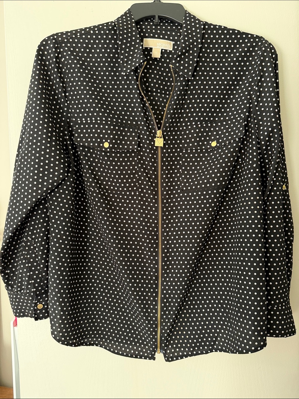 Michael Kors Black and White Polka Dot Zip-Front Button Down Shirt